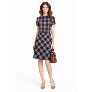 Brooks Brothers Navy Plaid Wool Blend Mock Neck A-Line Dress 8P NWT Work Preppy